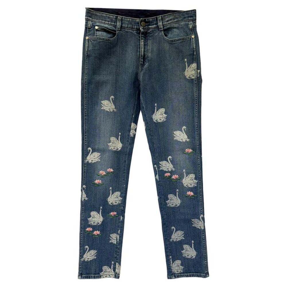 Stella McCartney Dark Blue Denim Jeans with Swan & Pink Lily Embroidery